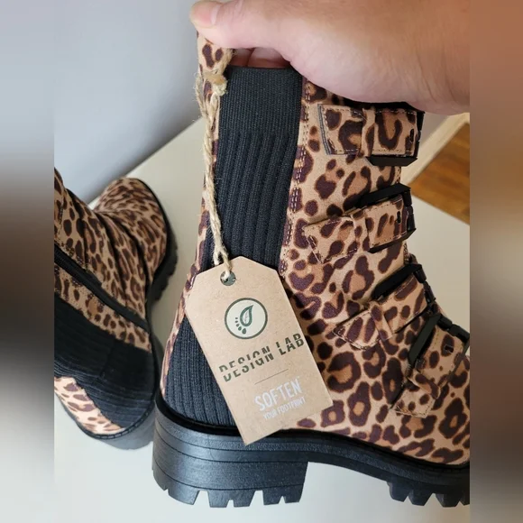 Design Lab Electra Leopard Print Buckle Strap Combat Boots, BNWT, Size 7 - Picture 6 of 8